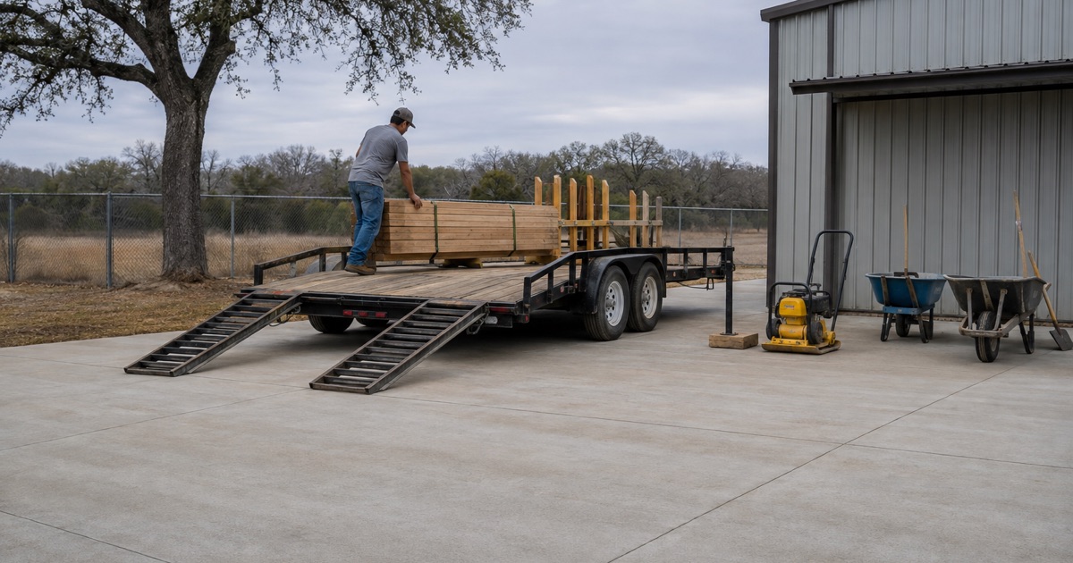 Form lumber and grade stakes being loaded onto a flatbed trailer in a San Marcos shop yard at the start of the day.
