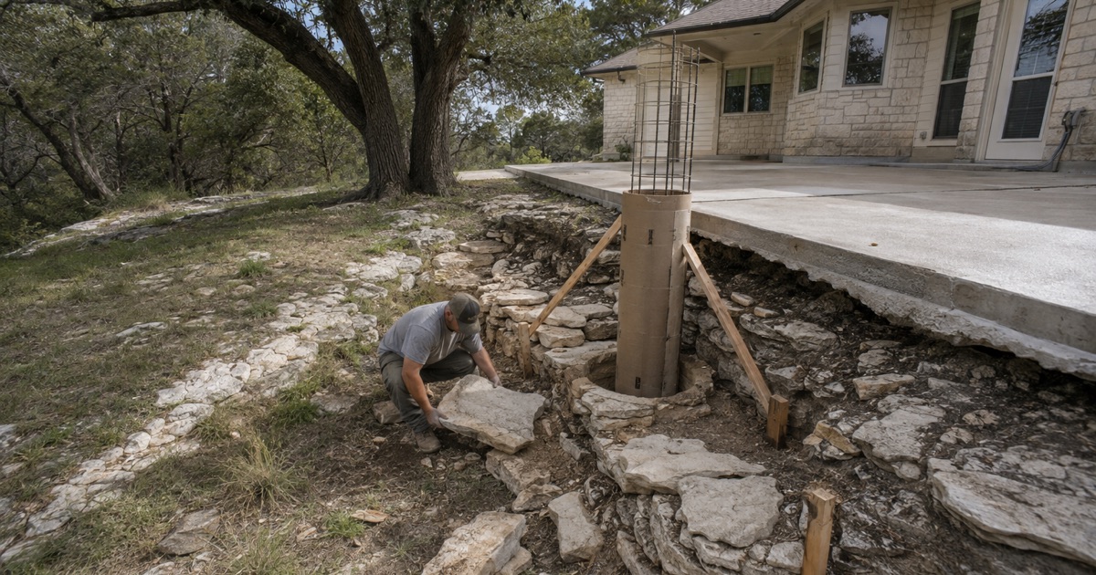 A pier form braced into a recess cut in shallow limestone at a Barton Creek hillside lot, rock breaking through the ground around it.