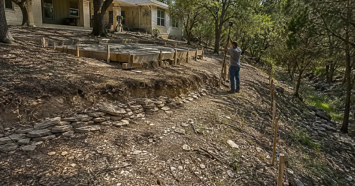 A buffer line stake being driven at the edge of a Bee Cave patio pour, the flatwork stopped well short of the waterway below.