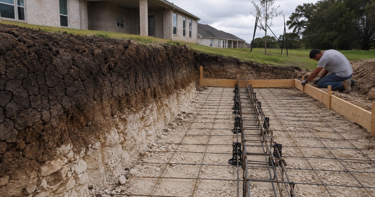 A grade beam form panel being lined out at a new slab in Buda, the two grounds of the city showing in one open cut.