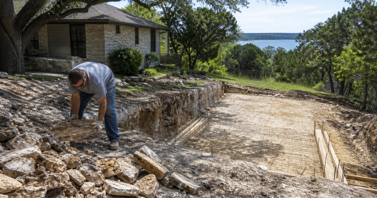 Limestone turned out of a footing trench at a Canyon Lake hillside lot, the rock reached inside the first foot.