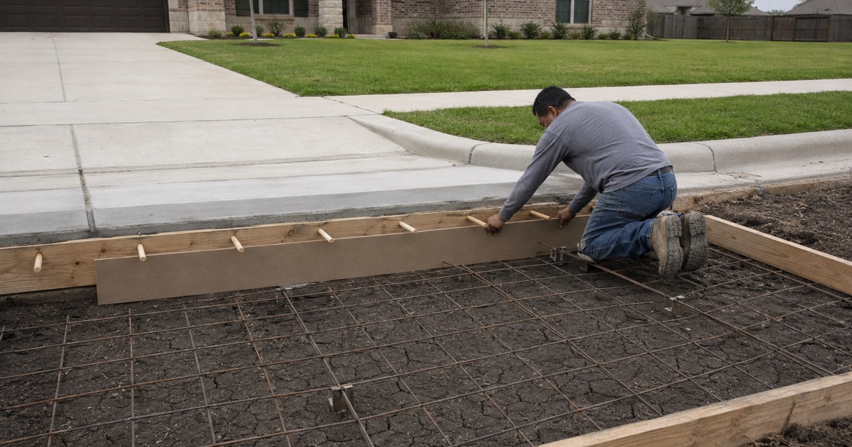 Expansion joint filler board being set against a formed driveway apron in Cibolo, dowels through the header ahead of the pour.