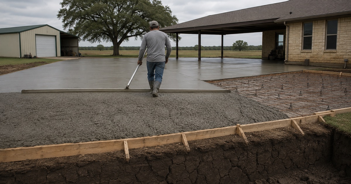 A wide concrete pad being screeded off on a large flat lot in Geronimo, forms and reinforcement still showing ahead of the pour.