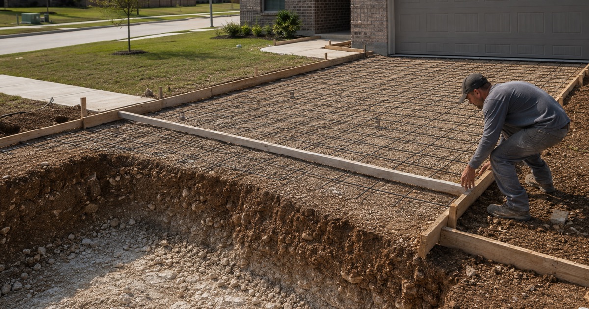 Freshly placed concrete being raked out over reinforcement on chairs in a new Kyle driveway, the sand bedding still showing ahead of the pour.