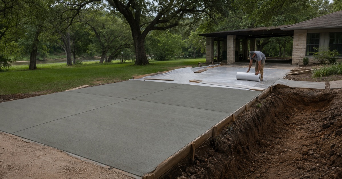 A green concrete driveway being covered for curing at a Lake Dunlap property, deep soil showing in the cut beside the form.