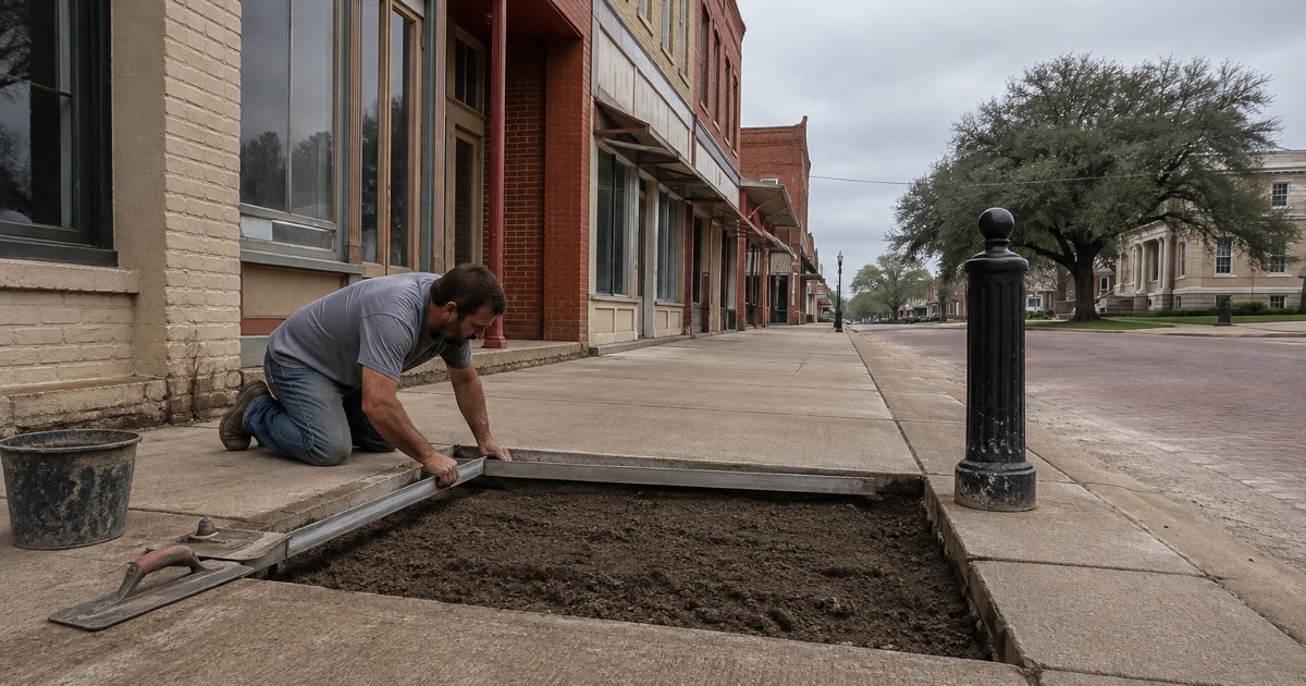 A screed rail being set on stakes for a replacement sidewalk panel in Lockhart’s historic district, matched to the walk either side of it.