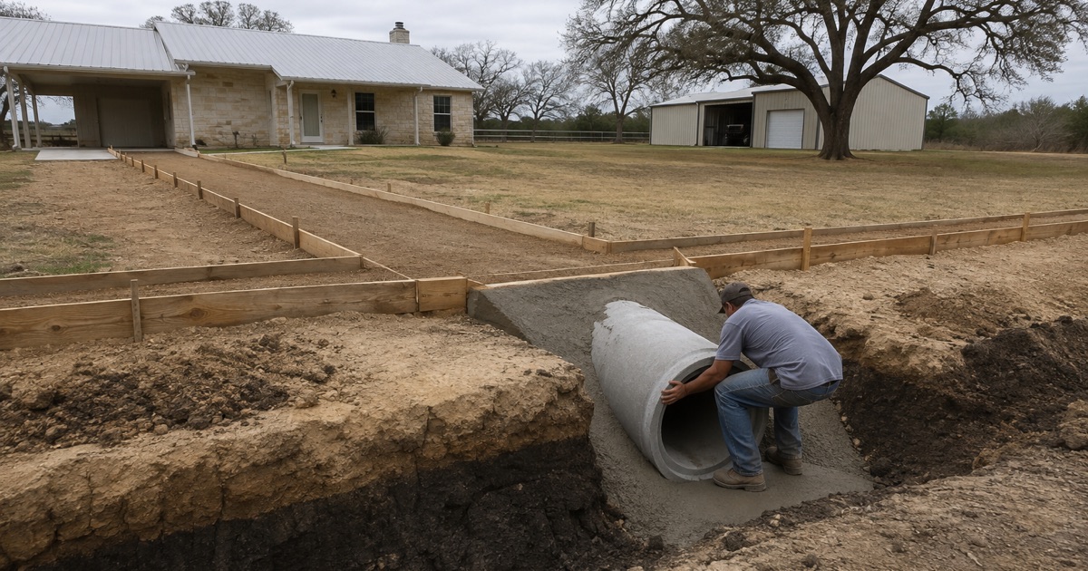 A driveway being formed across a bar ditch culvert at a Luling property, the sandy cap and the clay beneath it showing in the cut.