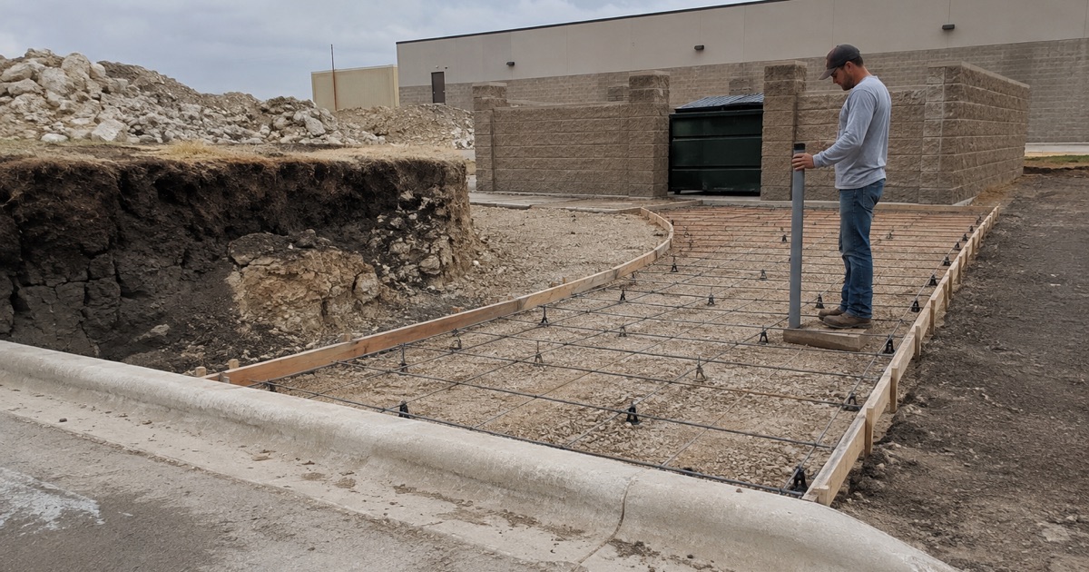 A rammer compacting the base course inside a new dumpster enclosure pad in Schertz, the screening wall already standing on three sides.
