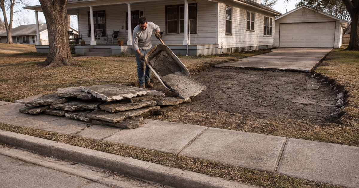 Broken sections of a worn out driveway apron being wheeled out at a Seguin house, the old four inch section showing in the pile.