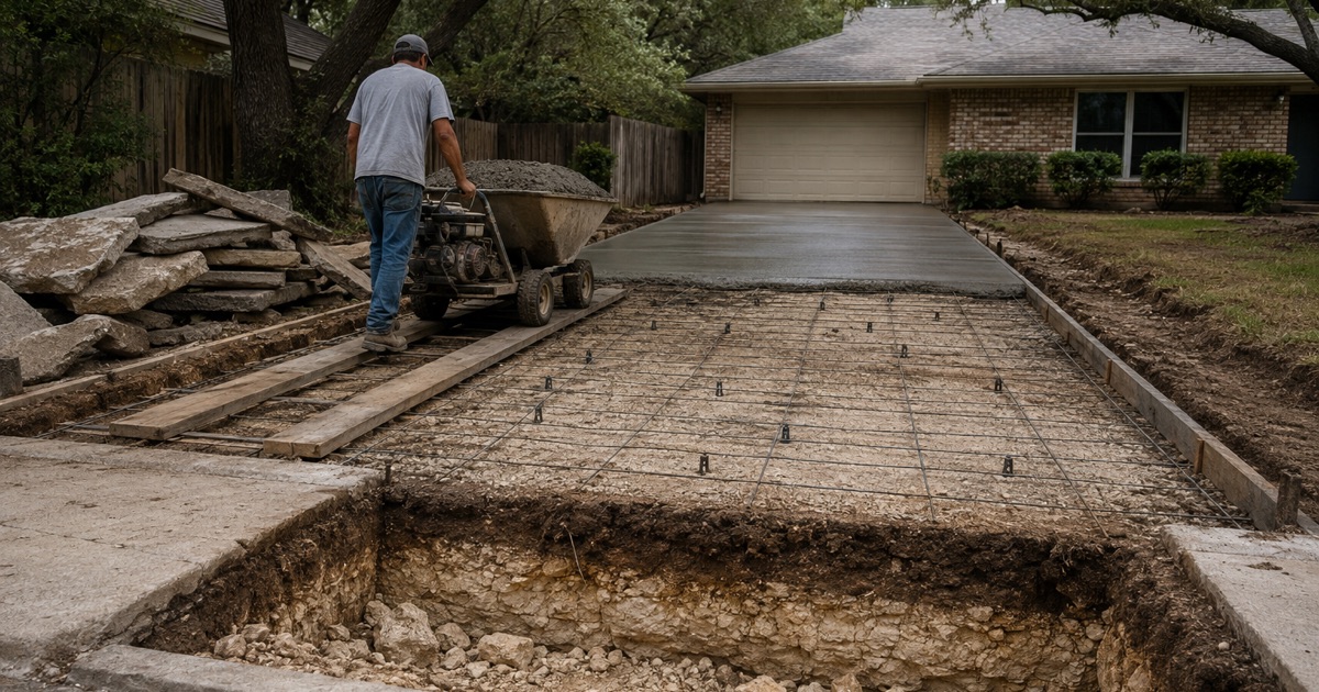 A concrete buggy being wheeled out onto the forms of a replacement driveway in Shady Hollow, the 1980s house behind it.