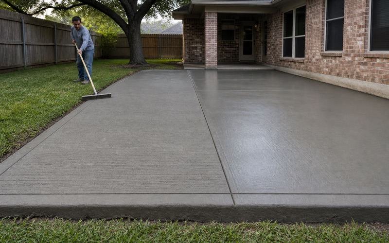 A broom finish being drawn across a green concrete patio in San Marcos, the textured half and the smooth half meeting in a clean line.