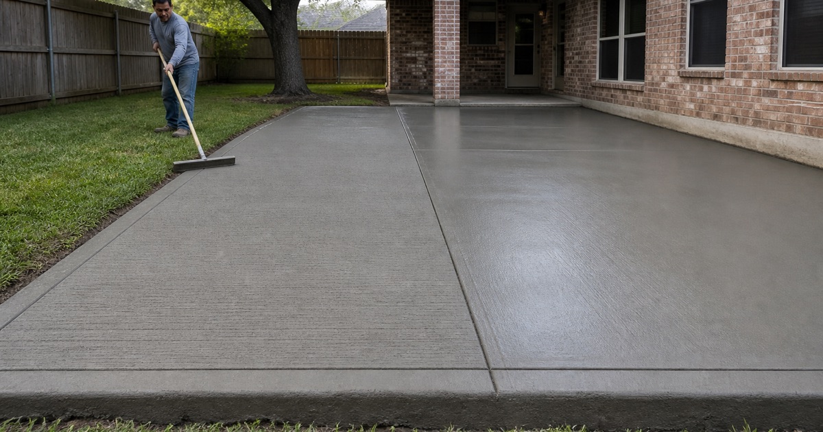 A broom finish being drawn across a green concrete patio in San Marcos, the textured half and the smooth half meeting in a clean line.