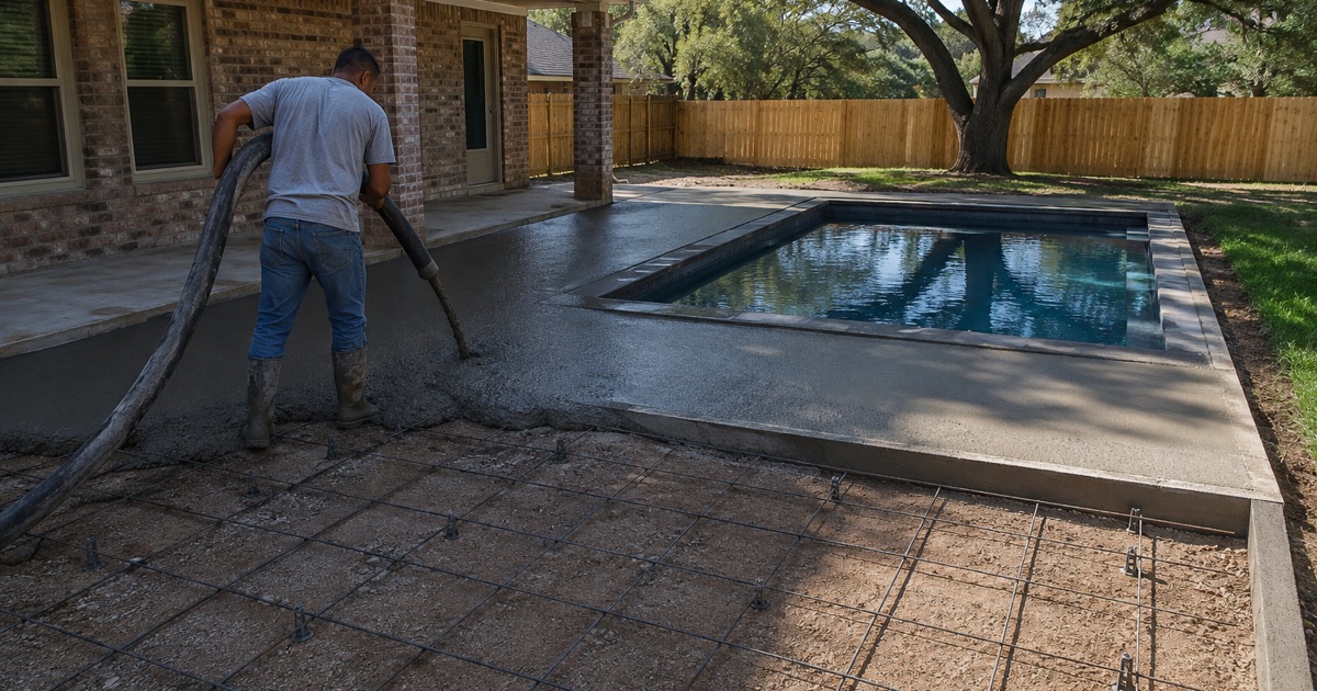 Concrete being placed into the formed deck around a pool in San Marcos, the placing hose end guided along the form.