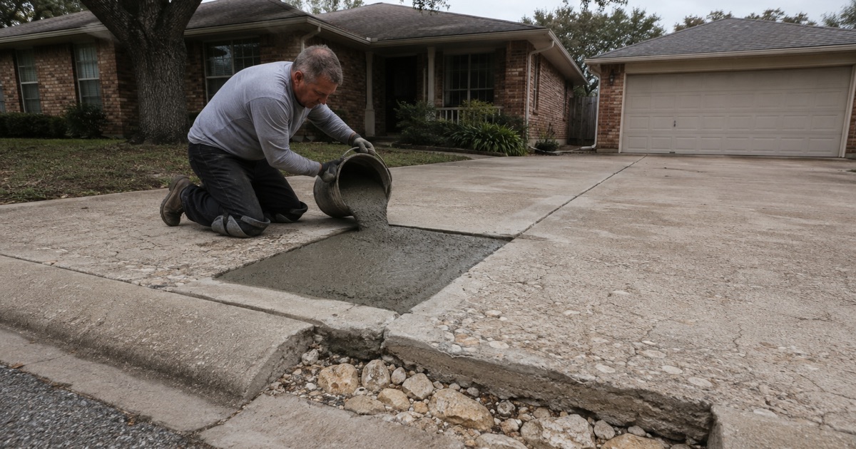 Repair mortar being placed into a saw cut patch in an older concrete driveway in San Marcos, the sound concrete showing in the base of the patch.
