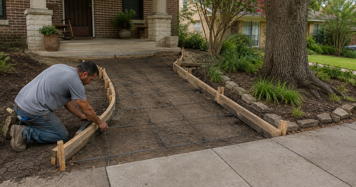A private front walk being formed at a San Marcos house, the forms running from the porch landing to the city sidewalk at the boundary.