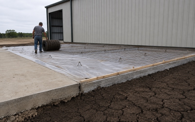 Welded wire reinforcement being rolled out over compacted base for a new concrete shop pad in San Marcos, the forms already set.