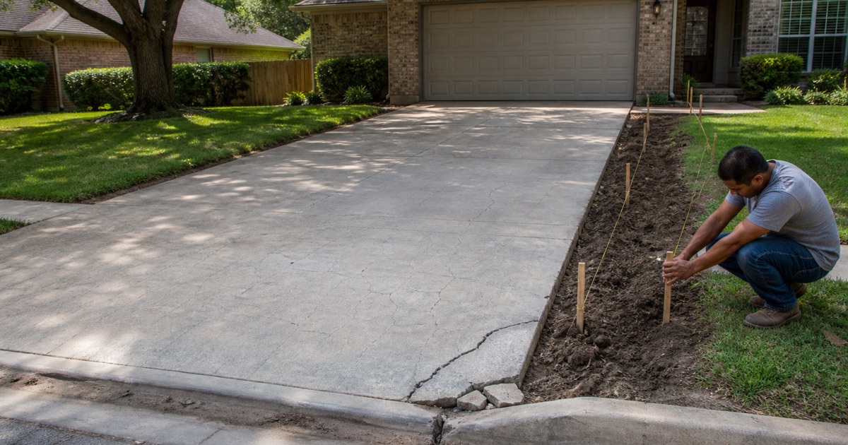 A grade stake being pushed in beside an existing driveway in San Marcos while a replacement is measured up.