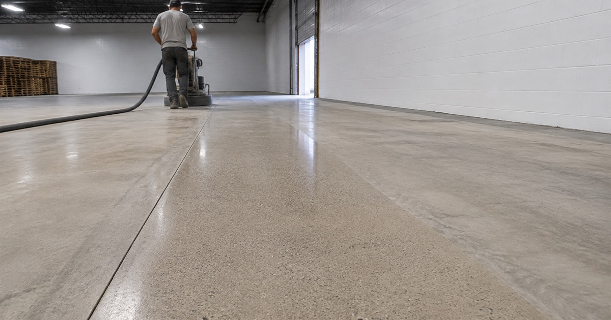 A planetary floor grinder being walked across a cured concrete slab in a San Marcos commercial interior, the polished pass reading brighter than the ground ahead of it.