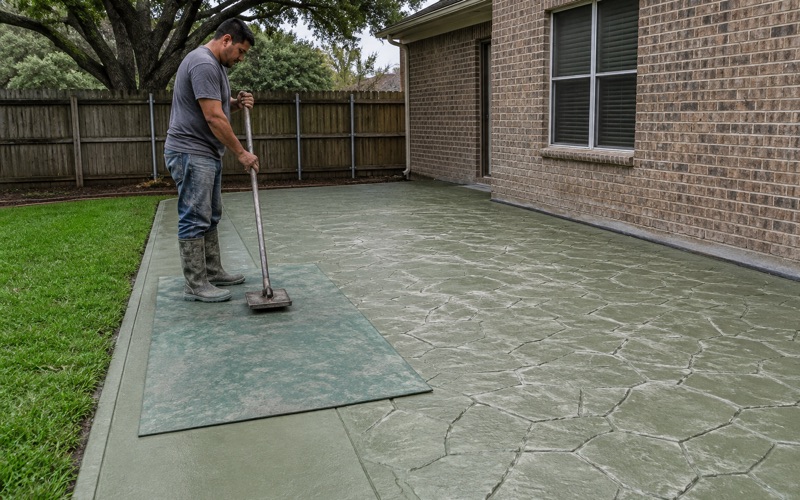 A stamp mat being tamped down into green colored concrete on a San Marcos patio, the pattern crisp behind it.
