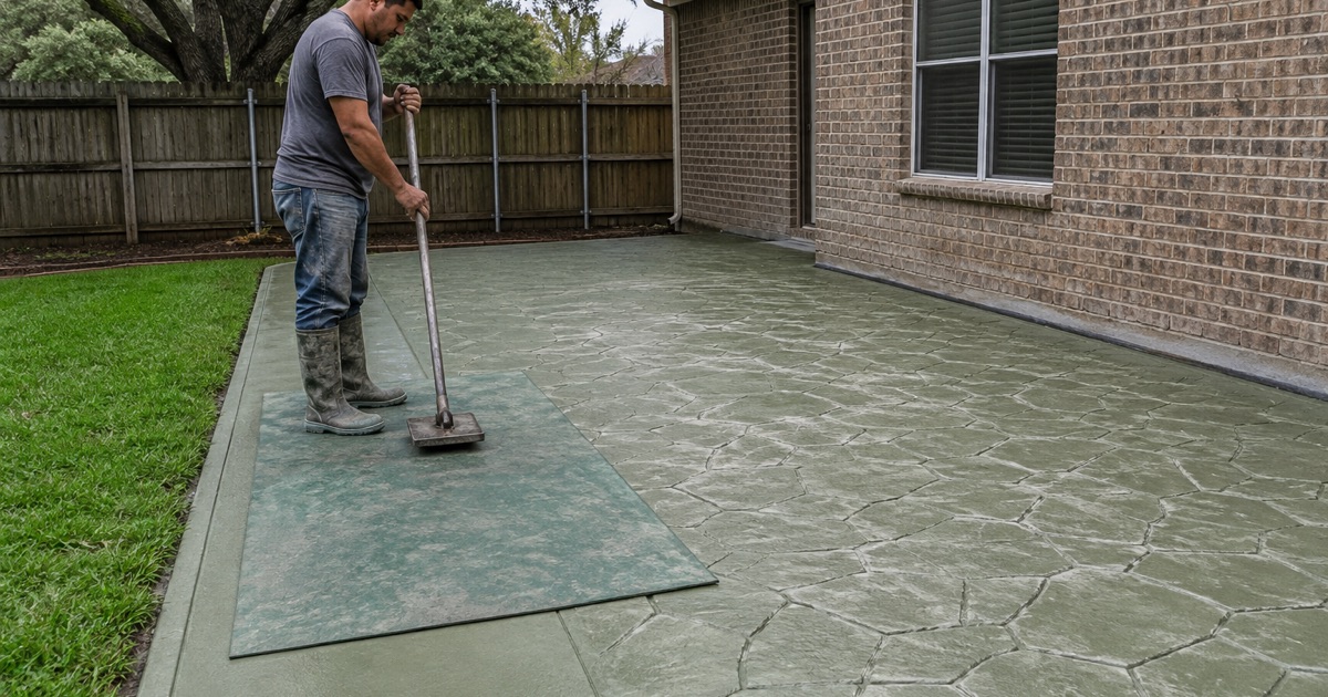 A stamp mat being tamped down into green colored concrete on a San Marcos patio, the pattern crisp behind it.